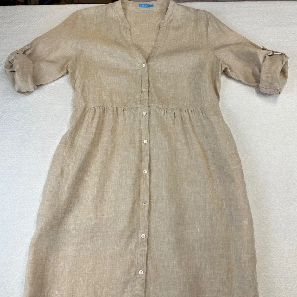 J McLaughlin Large Ceylon Linen Dress V-Neck 3/4 Sleeve Beige Midi Shirt Dress - Picture 3 of 9